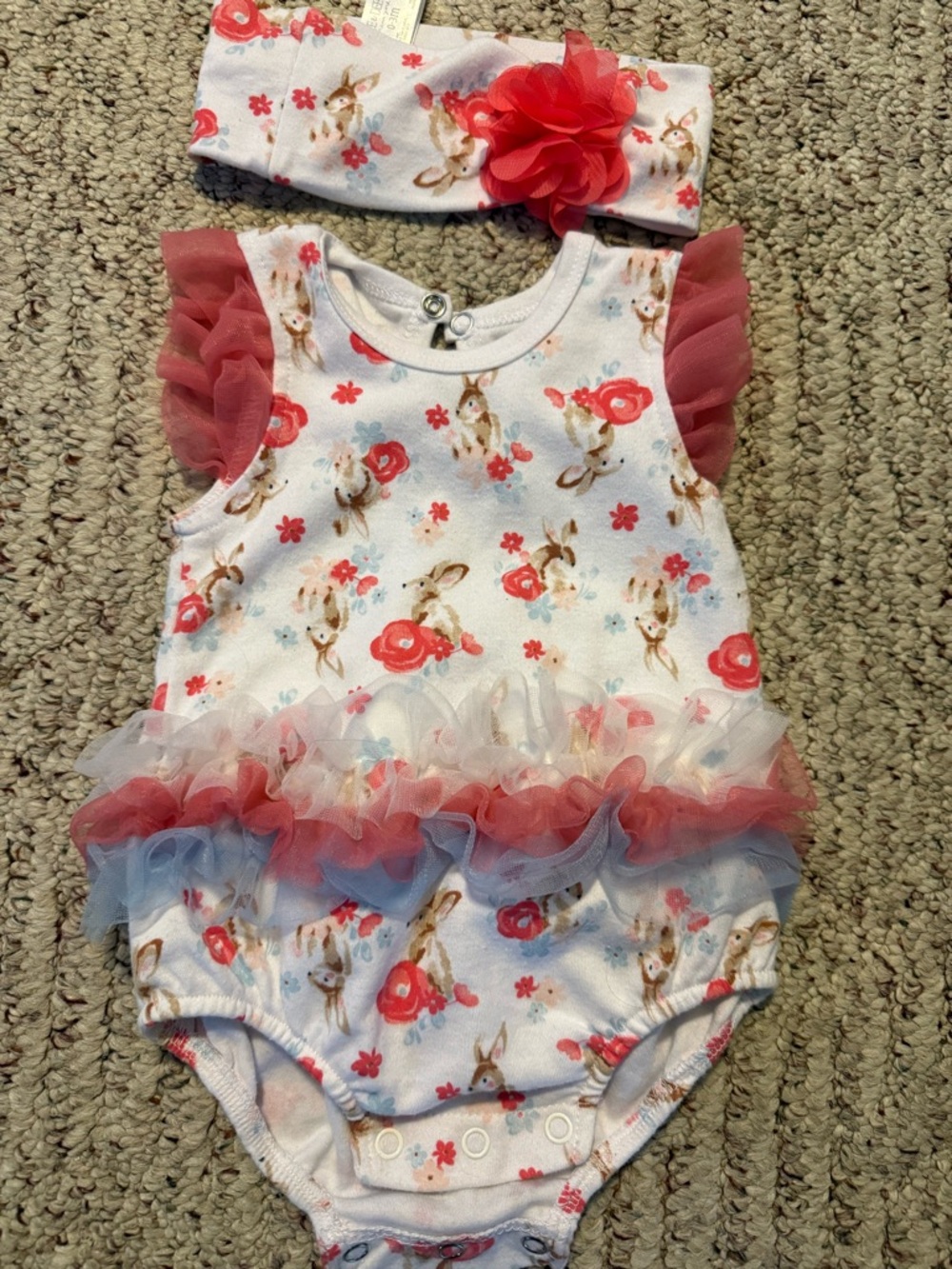 Floral Bunny Print Bodysuit with Headband